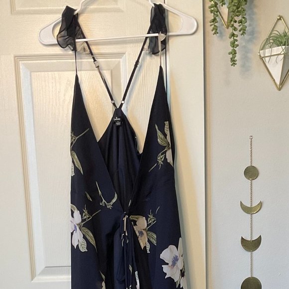 Lulus - Navy and White - Floral High-Low Wrap Dress - Size Large - Picture 13 of 13